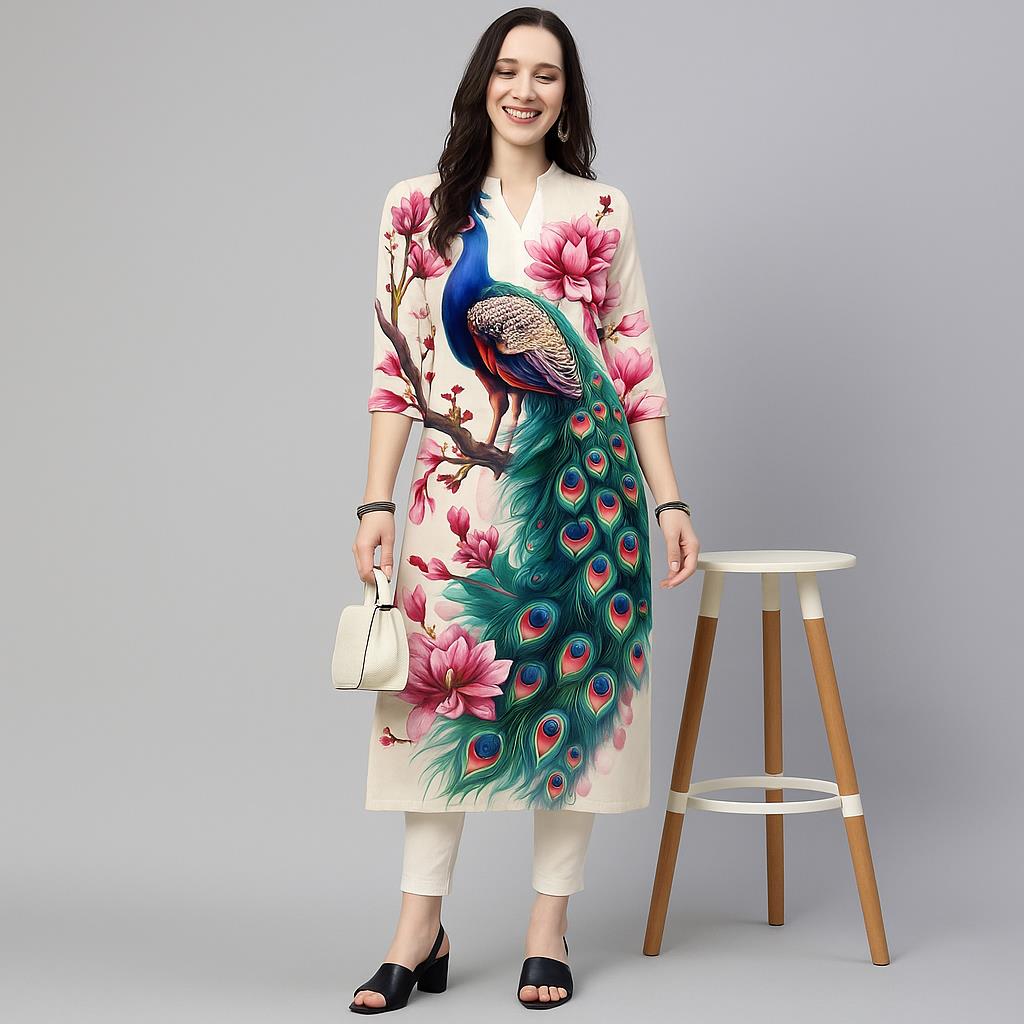 Ethnic Fashion Kurtis - ชุดเดรสลำลองแฟชั่นสไตล์คุร์ทสำหรับผู้หญิง ลายดอกไม้แบบเอธนิค แขนยาว ทรงตรง สไตล์มุสลิม คาฟตัน