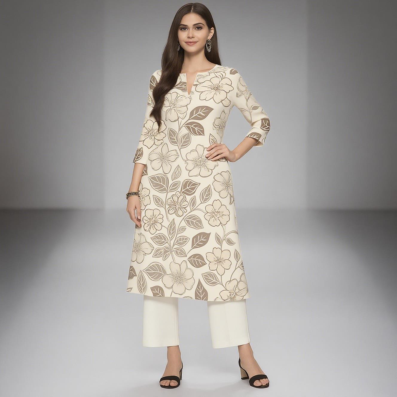 Ethnic Fashion Kurtis - ชุดเดรสลำลองสไตล์มุสลิมสำหรับผู้หญิง ทรงตรง ลายดอกไม้ แนวชาติพันธุ์ ดีไซน์ทันสมัย ไซส์ปกติ