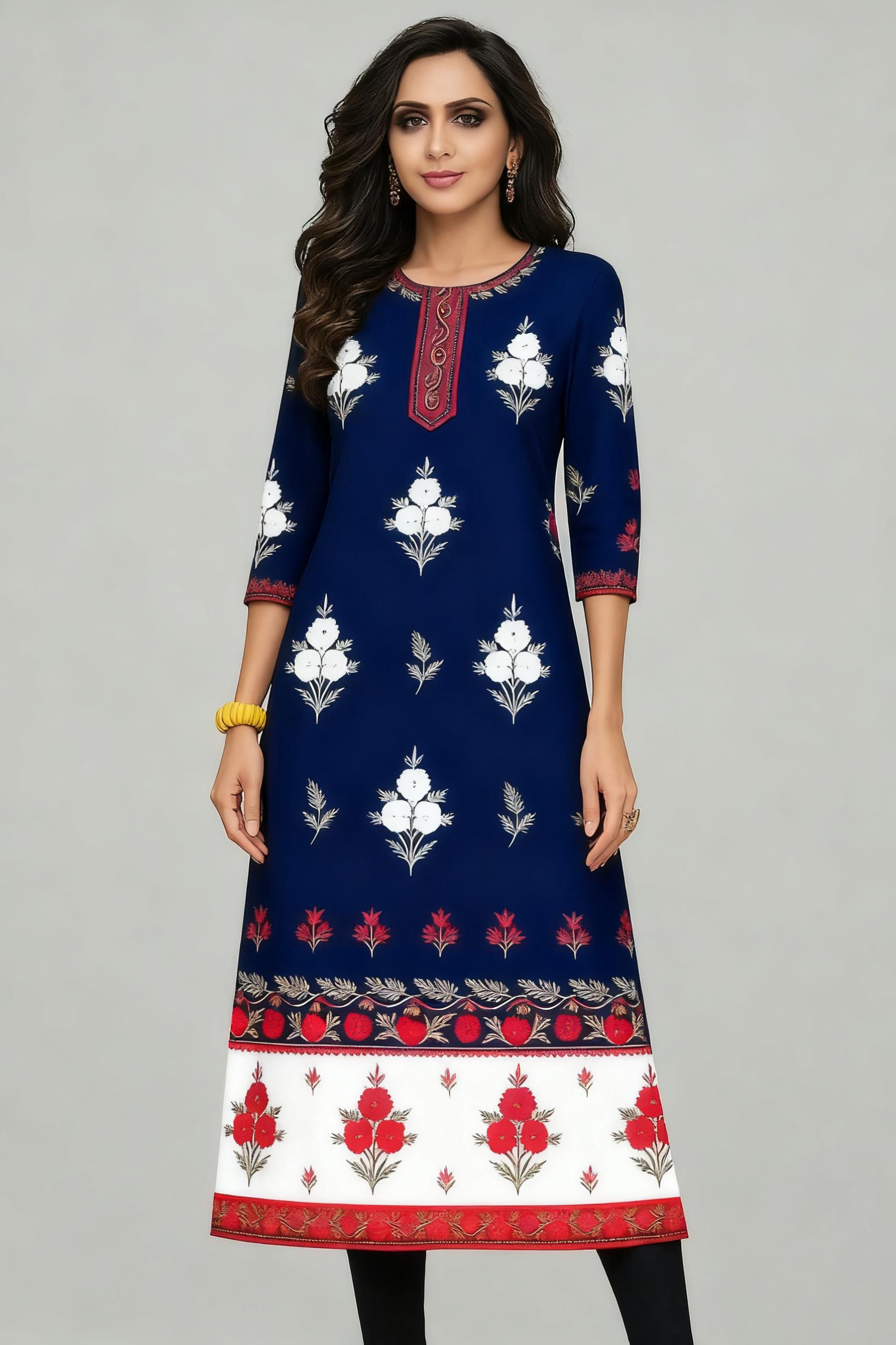 Ethnic Fashion Kurtis - ชุดเดรสสไตล์มุสลิมสำหรับผู้หญิง แฟชั่นสบายๆ สไตล์ชาติพันธุ์ ทรงตรงลำลอง ผ้าพิมพ์ลาย ชายผ่า