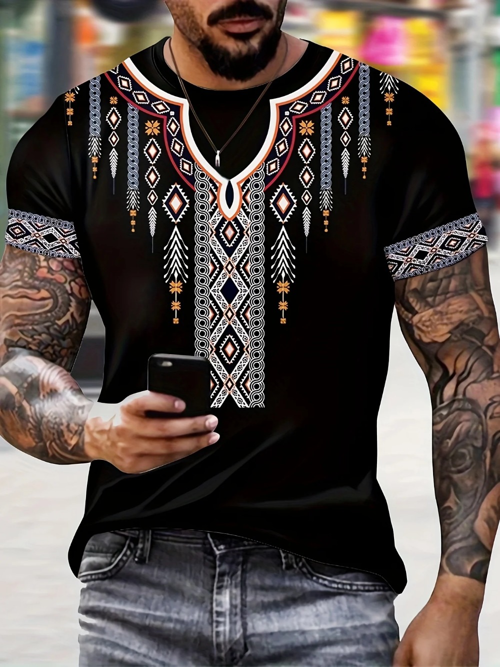 Y2K Ethnic Fashion - ลายสไตล์ชาติพันธุ์สร้างสรรค์ดิจิตอล 3D พิมพ์ลายเสื้อยืดกีฬาแห้งเร็วระบายอากาศได้ดีสำหรับผู้ชายแฟชั่นสตรีทกลางแจ้ง Y2K เสื้อผ้าสำหรับพ่อแม่ลูก