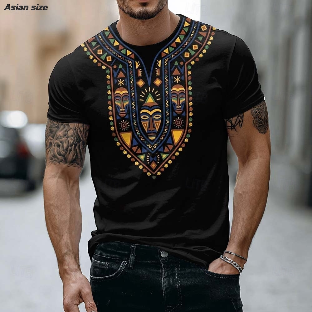 Dashiki Shirt Men - เสื้อยืดลายหน้ากากชนเผ่าแอฟริกันสำหรับผู้ชาย ปี 2026 สไตล์ดาชิกิ ลายกราฟิก สีดำ