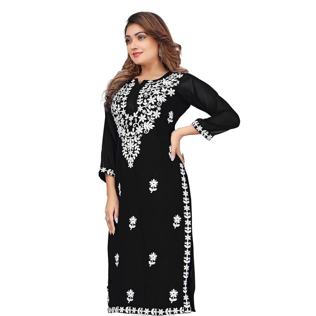 Ethnic Fashion Kurtis - เดรสลำลองแฟชั่นผู้หญิง แขนยาว ทรงตรง ลายดอกไม้สไตล์ชาติพันธุ์ คอทรงกลม ไซส์ปกติ