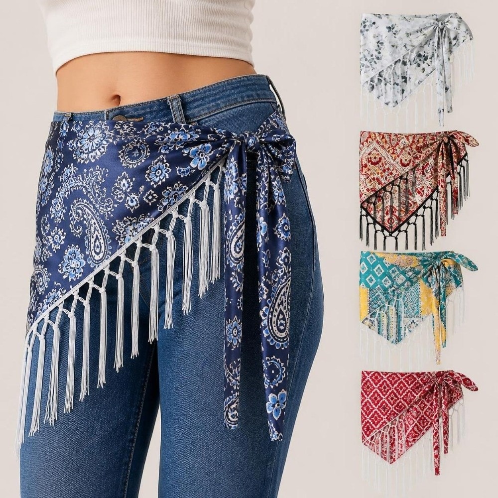Y2K Ethnic Fashion - ผ้าพันเอวลายเพสลีย์สไตล์ชาติพันธุ์ ผูกเองได้ ลายดอกไม้ ผ้าพันคอแบบผูกเอวพร้อมพู่ห้อย สไตล์ Y2K