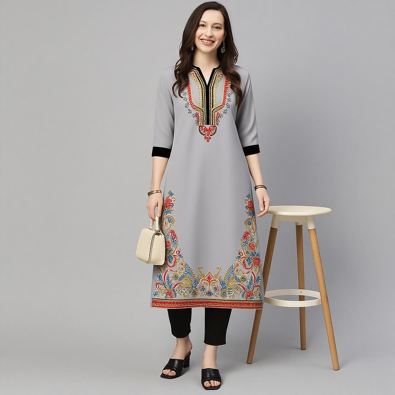 Ethnic Fashion Kurtis - ชุดเดรสลำลองแฟชั่นมุสลิมสำหรับผู้หญิง แขนยาว ทรงตรง ลายดอกไม้สไตล์ชาติพันธุ์ คาฟตันแบบโมร็อกโก