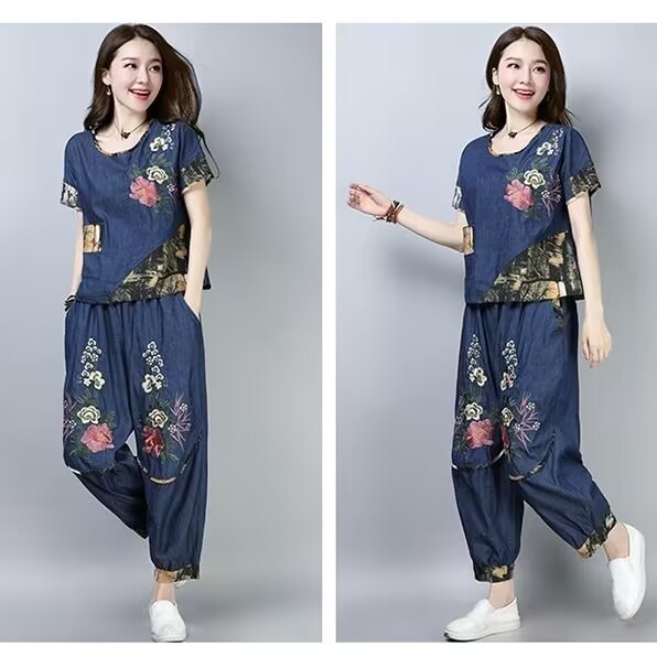 Ethnic Fashion Wear - ชุดสูทผู้หญิงไซส์ใหญ่สไตล์ชาติพันธุ์ คอลเลคชั่นฤดูร้อนใหม่ ตกแต่งด้วยลายปักดอกไม้ เสื้อแฟชั่น กางเกงขายาวทรงกว้าง ชุดสามชิ้น