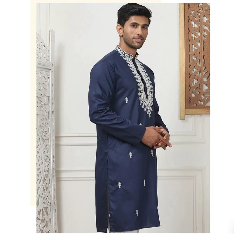 Kurta Men Cotton - เสื้อโค้ทผู้ชายผ้าไหมปักลายแบบดั้งเดิมสไตล์ชาติพันธุ์อินเดีย