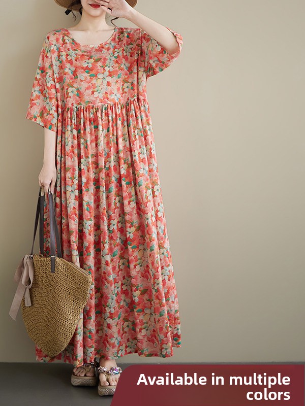 Ethnic Style Dresses - ชุดเดรสคลุมท้องผ้าฝ้ายลินินทรงหลวม แขนสั้น คอกลม ไซส์ใหญ่ สำหรับฤดูร้อน กระโปรงทรงเอ