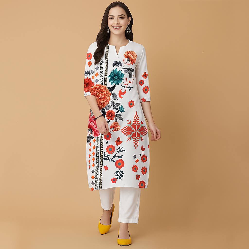 Ethnic Fashion Kurtis - ชุดเดรสลำลองสไตล์มุสลิมลายดอกไม้ ค.ศ. 2026 ทรงตรงแบบสบายๆ สไตล์อาหรับ