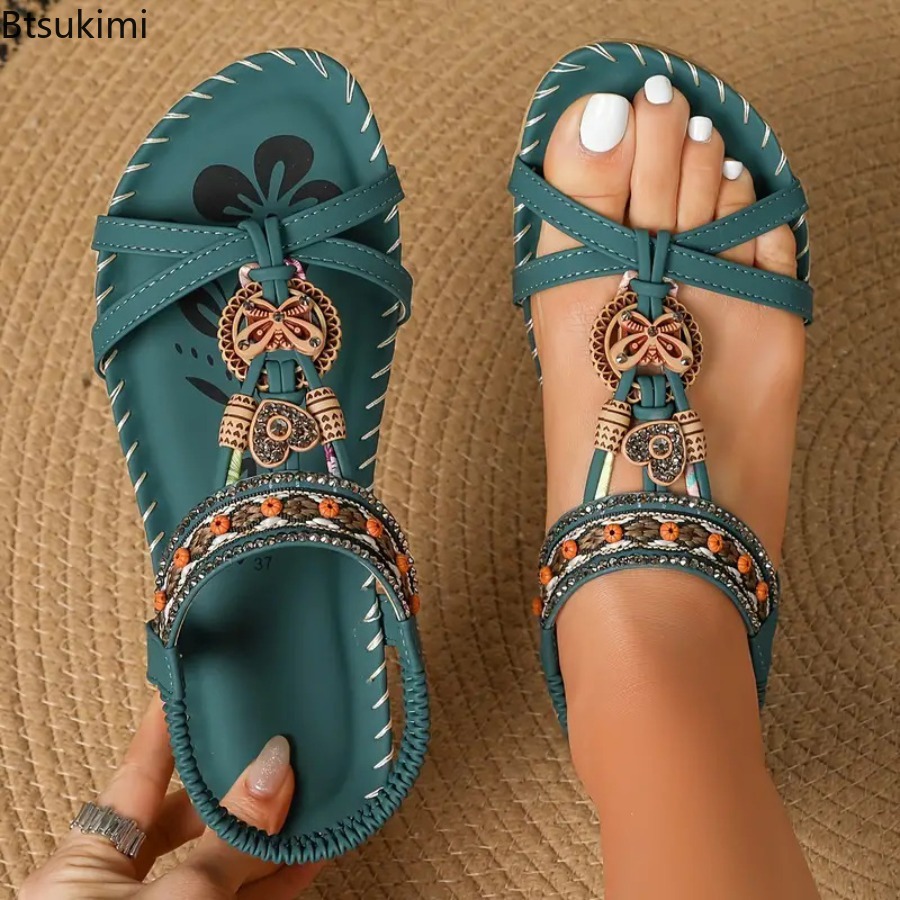 The Ethnic Fashion - รองเท้าแตะสไตล์โบฮีเมียนสำหรับผู้หญิง รองเท้าลำลองแบบสวมใส่ได้ทั้งชายหาดและกลางแจ้ง รองเท้าพื้นเรียบสไตล์ชาติพันธุ์สำหรับสุภาพสตรี รองเท้าพื้นนุ่มใส่สบาย รองเท้าแตะผู้หญิง