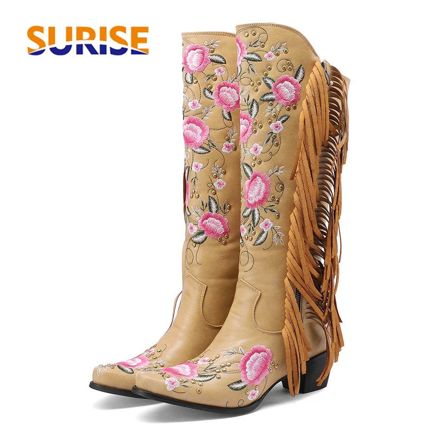 The Ethnic Fashion - แฟชั่นเย็บปักถักร้อยดอกไม้ Western เข่ารองเท้าบูทสูงผู้หญิง Pointed Toe ส้นสีดําสีน้ําตาลพู่