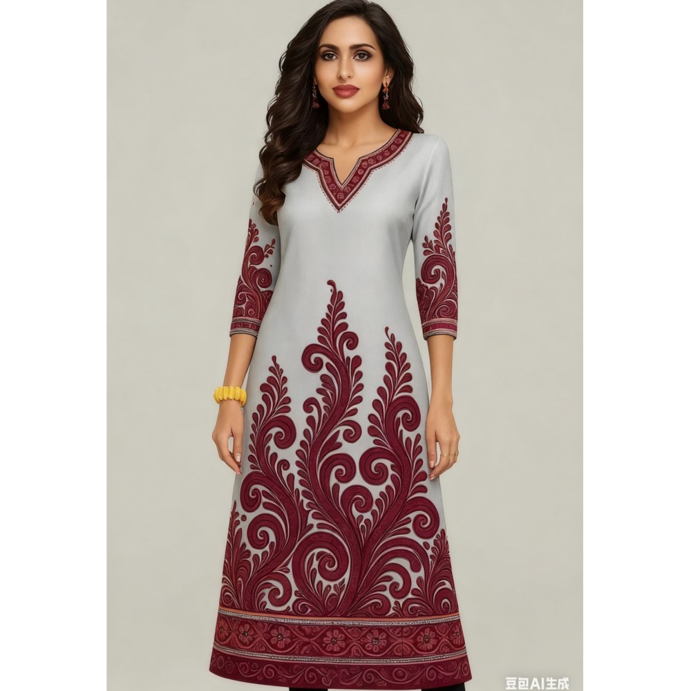 Ethnic Fashion Kurtis - ชุดเดรสยาวพิมพ์ลาย 3 มิติ ลายลายนกแก้ว สไตล์มุสลิม แฟชั่นผู้หญิง