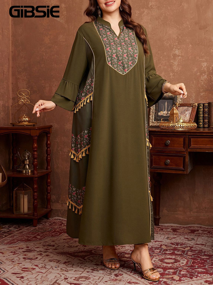 Ethnic Style Dresses - ชุดเดรสอาบายะพิมพ์ลายสไตล์ชาติพันธุ์ GIBSIE ไซส์พลัส พร้อมพู่ห้อย สำหรับผู้หญิง ฤดูใบไม้ผลิและฤดูใบไม้ร่วง
