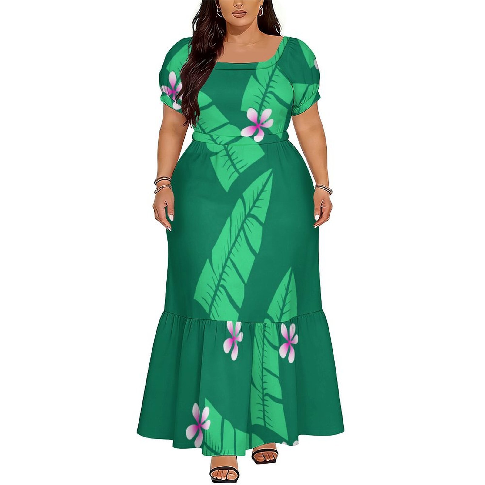Ethnic Style Dresses - ชุดเดรสแขนสั้นผู้หญิงสไตล์โพลินีเซียนแบบเกาะซามัว เอวสูง ยาวคลุมเท้า ชุดราตรี